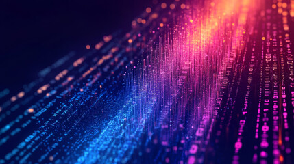 Big data waterfall or cascade, digital binary code data flow analysis visualization, isometric vector illustration. Ultraviolet horizontal banner with streams of numbers, landing page template.