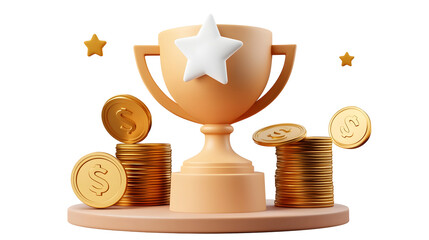 Poster - A 3D rendered financial achievement concept featuring a gleaming golden trophy with a white star floating above neatly stacked gold coins  The coins are arranged in an increasing order