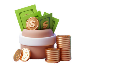 Poster - Stacks of Shimmering Coins and Banknotes Symbolize Financial Prosperity and Wealth  A 3D rendered showcasing a stack of neatly arranged green banknotes bound with a white strap