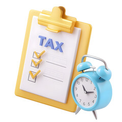 Aufkleber - A 3D rendered accounting deadline concept showcasing a blue and yellow clipboard with a  TAX  document and a checklist with marked checkboxes  A stylish blue alarm clock sits beside it