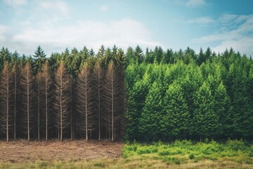 Poster - Contrasting deforested land and thriving forest emphasizes urgent need for nature conservation efforts. Generative AI