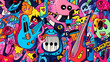 © Marut - doodle art music scene with animated instruments, dancing notes, and energetic characters enjoying the beat