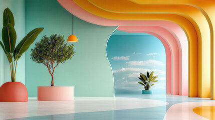 Poster - vibrant, modern interior with sculptural elegance features colorful arches, potted plants, and serene sky view, creating harmonious and artistic atmosphere