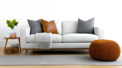 Aufkleber - bright and airy minimalist living room features white sofa with colorful pillows, knitted pouf, and small wooden side table with decor
