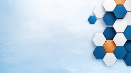 Fototapete - geometric pattern of blue, white, and orange hexagons on textured light blue background creates modern and abstract design