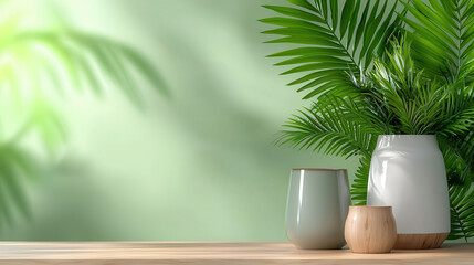 Aufkleber - serene arrangement of potted plants and vases on wooden surface against soft green background, creating calming atmosphere