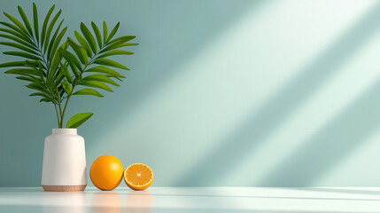 Aufkleber - minimalist still life composition features potted plant and oranges on white surface against soft pastel background, creating serene and contemporary atmosphere