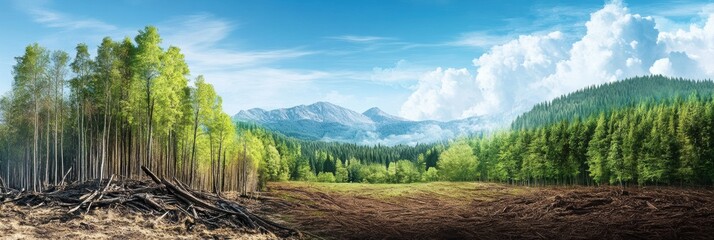 Poster - Deforestation contrast between barren land and thriving forest for nature conservation awareness. Generative AI