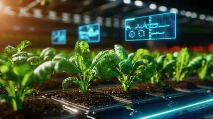 Leinwandbilder - high tech agricultural farm with automated harvesting features vibrant green plants growing in controlled environment, enhanced by digital data displays