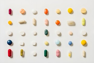 Wall Mural - Different shapes and colors of tablets and pills, reflecting diversity in modern healing approaches