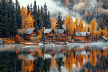 Aufkleber - Autumn reflections in a tranquil lake with wooden cabins surrounded by vibrant trees and mist. Generative AI