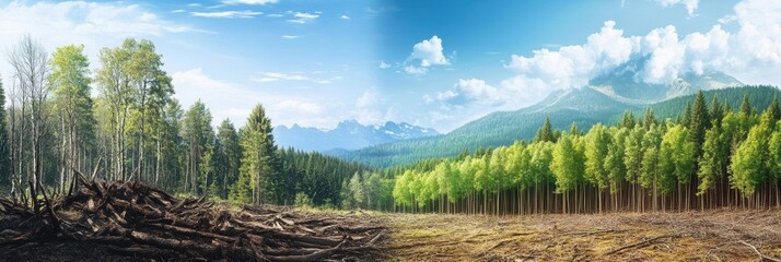 Poster - Contrasting deforestation and thriving forest in a conservation message for future generations. Generative AI