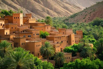 Aufkleber - Exploring ancient mud brick architecture amidst lush palm trees in a mountainous oasis landscape. Generative AI