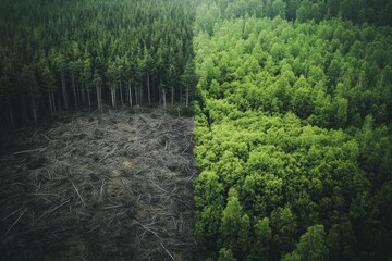 Poster - Contrast of deforested land with barren trees and thriving green forest emphasizing the need for nature conservation efforts. Generative AI