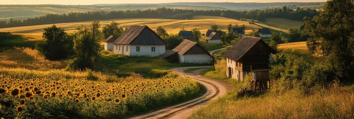 Poster - Rustic countryside landscape with sunflower fields and quaint farm houses during golden hour in rural region. Generative AI