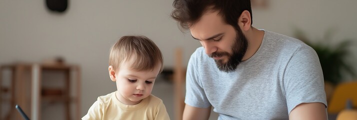 Sticker - A man and a boy are sitting at a table. The man is helping the boy with his drawing