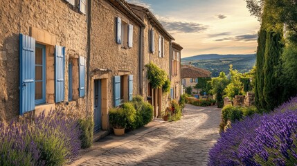 Poster - Charming cobblestone street lined with lavender and quaint cottages in a peaceful rural area at sunset. Generative AI