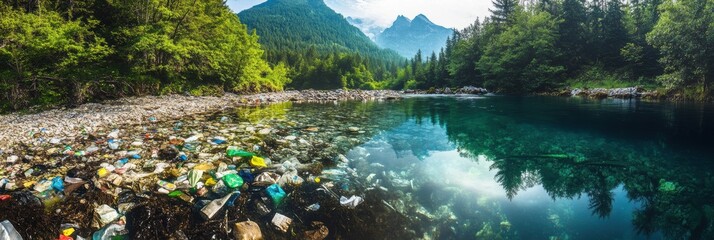 Wall Mural - comparison of polluted river filled with trash versus pristine crystal clear stream highlighting env