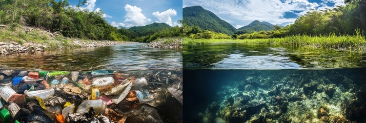 Wall Mural - contrast between polluted river filled with trash and pristine clear water stream showcasing environ