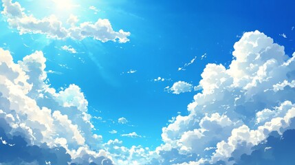 A beautiful, bright blue sky with fluffy white clouds.  A calm, sunny day with a clear horizon, perfect for spring.
