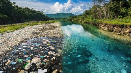 Wall Mural - comparison of a polluted river filled with trash and a pristine stream showcasing the stark contrast