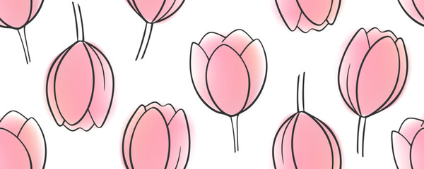 Fototapete - Spring tulips seamless pattern. Black line and pink blurred color. Vector illustration.	
