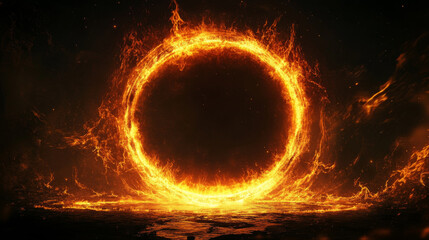 Wall Mural - Magic circle portal with fire, neon glow and sparks on black background. Realistic vector illustration set of light ring with red and orange hot flare glow effect. Bright round border with flame.