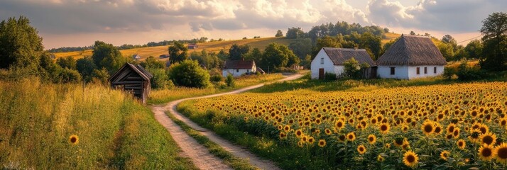 Aufkleber - Sunflower field along a rural path with traditional houses in the background during golden hour. Generative AI