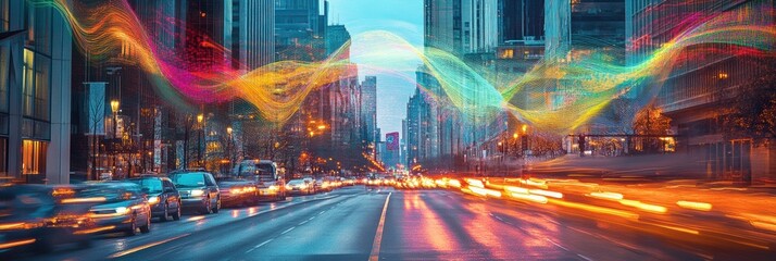Poster - Urban road bustling with traffic visualized with abstract sound waves in vibrant colors. Generative AI
