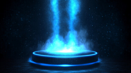Wall Mural - Realistic set of blue light portals isolated on black background. Vector illustration of circle podium with neon hologram and glowing dust. Futuristic teleport, magic energy effect, future technology