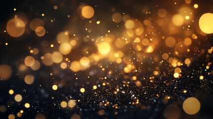 Wall Mural - Background with light beam and glitter particles flying on black vector backdrop. Abstract blur and shine template for advertising, presentation or web design. Stardust explosion of golden sparks