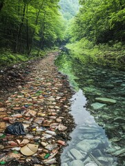 Wall Mural - comparison of a polluted river filled with trash and a clear water stream highlighting environmental