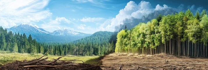 Poster - Deforested land contrasts with thriving forest showcasing nature conservation efforts and environmental challenges. Generative AI