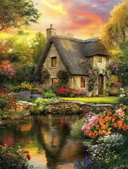 Poster - Charming cottage with a thatched roof surrounded by colorful flowers and a tranquil pond at sunset. Generative AI