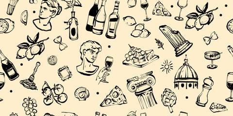 Italian doodle seamless pattern, vector hand drawn Florence texture background, romantic wine print. Mediterranean scribble abstract decoration background, retro repeat decor. Italian pattern food art