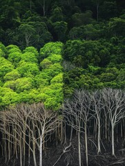 Poster - Contrast between deforested land and thriving forest illustrates urgent need for nature conservation efforts. Generative AI