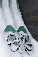Wall Mural - pair of green snowshoes on white winter snow