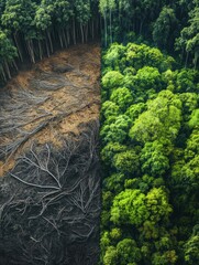 Poster - Deforested land contrasts with lush forest highlighting the urgent need for nature conservation efforts. Generative AI