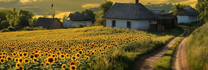 Poster - Sunflower field in rural landscape with cottages under golden sunset light. Generative AI