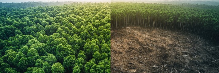 Poster - Contrast of deforested land and thriving forest highlights nature conservation issues in modern ecosystems. Generative AI