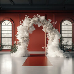 Aufkleber - stunning arch made of white clouds and flowers in red room, creating dreamy atmosphere