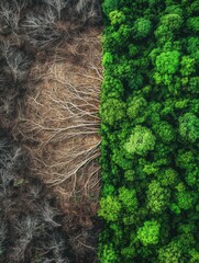 Poster - Transition from deforested land to thriving forest highlights nature conservation efforts in diverse ecosystems. Generative AI