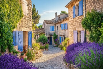 Poster - Charming stone village pathway lined with vibrant lavender flowers and quaint blue shuttered houses in summer light. Generative AI