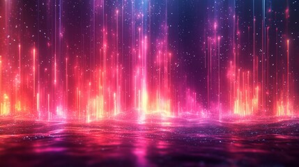 Aufkleber - Vibrant neon light beams reflecting on water surface in a spectral display at night. Abstract digital art and futuristic concept