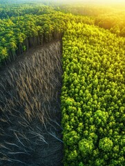 Poster - Deforestation contrast showcasing barren land beside a vibrant green forest emphasizing nature conservation efforts. Generative AI