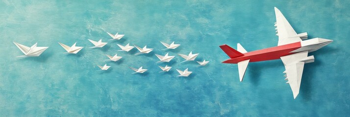 Aufkleber - Red and white airplane leads a formation of paper planes in a clear blue sky. Generative AI
