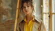 © IMG visuals AI - Casual chic in rustic interior portrait image. Young woman in beige trench coat over yellow blouse posing picture photorealistic photography. Fashion model concept photo realistic