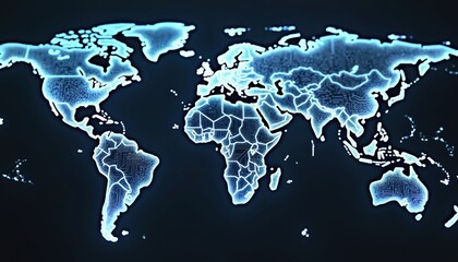 World map illustration on dark background glows with blue electronic circuits. Tech earth graphic global digital connections communication worldwide. Futuristic design embodies innovation, energy,