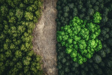 Poster - Contrast of lifeless deforested land and vibrant thriving forest highlights the importance of nature conservation efforts. Generative AI