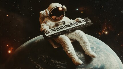 Wall Mural - astronaut playing keyboard in space above earth during a cosmic adventure